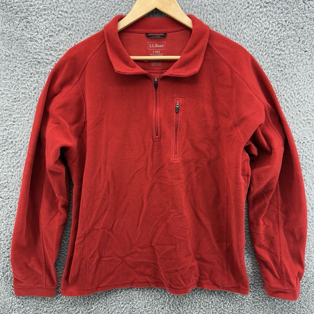 LL Bean Mens L Sweater Red Solid Pullover Fleece Outdoor Maine‎ Zip Layer Prep